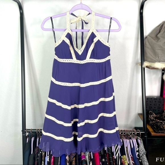𝅺vintage Betsey Johnson Blue 100% Silk Tiered Cream Lace Dress - Picture 1 of 8